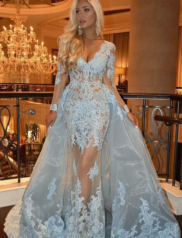 Detachable V-Neck Long Sleeve Prom Dress with Lace Appliques Light Blu   Promfast