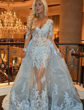 Detachable V-Neck Long Sleeve Prom Dress with Lace Appliques Light Blue Evening Gown PFP0710
