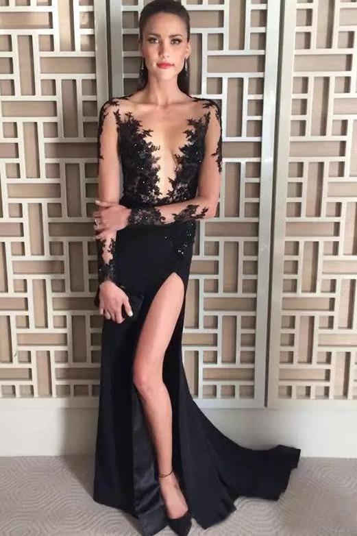 Deep V-Neck Long Sleeve Black Evening Dress,Beading Split Sexy Prom Dress