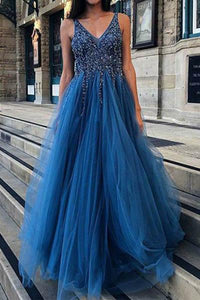 Cheap A Line Tulle Blue V Neck Beaded Long Prom Dresses