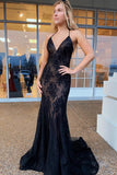Mermaid Lace Spaghetti Straps Prom Dress, Long Navy Formal Evening Dresses