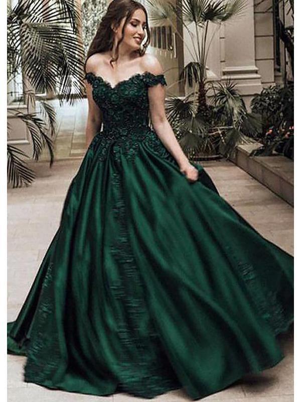 Off Shoulder Dark Green A-line Long Evening Prom Dresses, Cheap Sweet   Promfast