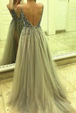 Sexy Side Split leeveless Tulle Evening Dress,Long Beading A Line Prom Dresses PFP0004