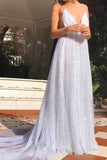 Sparkly Sequin Long Prom Dress Spaghetti V Neck Backless Evening Dress PFP1759