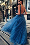 Cheap A Line Tulle Blue V Neck Beaded Long Prom Dresses PFP0714
