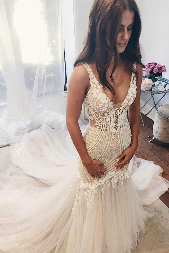 Modest Mermaid Ivory Sexy Sleeveless Lace Wedding Dresses PFW0073