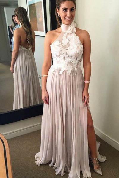 A Line Chiffon High Neck Long Prom Dresses With Appliques