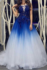Elegant Royal Blue White Ombre Long Prom Dresses with Appliques for Teens