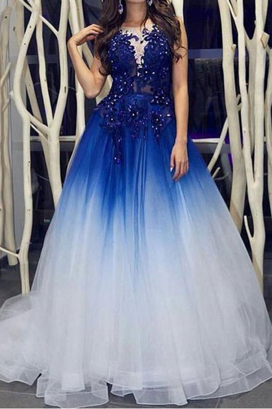 Elegant Royal Blue White Ombre Long Prom Dresses with Appliques for Te Promfast Elegant Royal Blue White Ombre Long Prom Dresses with Appliques for Te Promfast