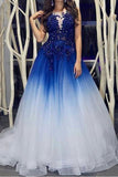 Elegant Royal Blue White Ombre Long Prom Dresses with Appliques for Teens