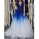 Elegant Royal Blue White Ombre Long Prom Dresses with Appliques for Teens PFP0721