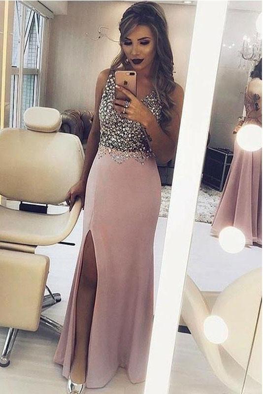 Sparkly Beaded Split Side Mermaid Sexy Prom Dresses, Formal Evening Dresses