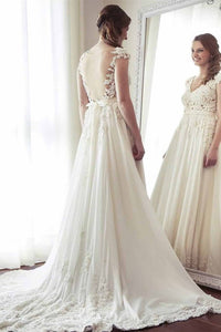 A-Line V-Neck Lace Appliqued Cap Sleeves Ivory Long Wedding Dresses PFW0079