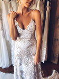New Arrival Lace Backless V Neck Ivory Spaghetti Straps Beach Wedding Dresses PFW0080