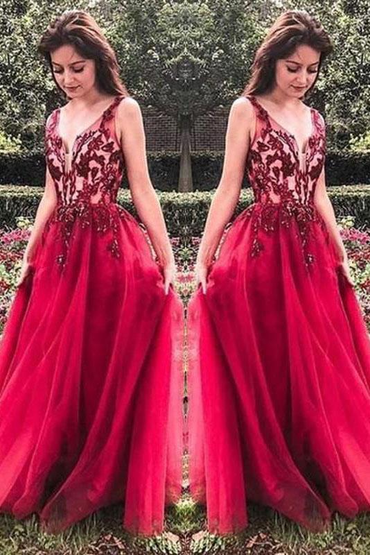 Unique Red V Neck Tulle Appliques Prom Dresses, Long Party Gowns 