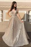 Promfast Stunning A-line V neck Sparkly Silver Long Prom Dress Evening Dress PFP1818