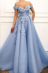 Blue Off Shoulder Flower Appliques A-line Long Modest Beautiful Prom Dresses