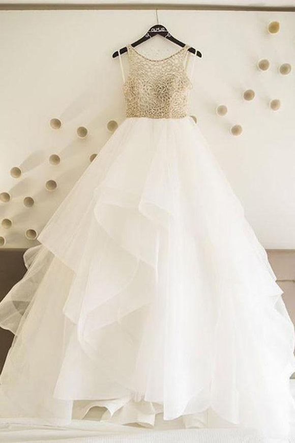 Simple A line Tulle Wedding Dresses, Cheap Long Prom Dress PFW0082