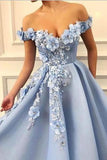 Blue Off Shoulder Flower Appliques A-line Long Modest Beautiful Prom Dresses PFP0726