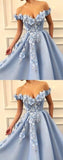 Blue Off Shoulder Flower Appliques A-line Long Modest Beautiful Prom Dresses PFP0726