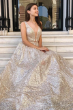 Promfast Stunning A-line V neck Sparkly Silver Long Prom Dress Evening Dress PFP1818