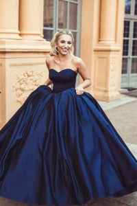 Simple Ball Gown Sweetheart Sleeveless Dark Blue Long Prom Dresses 