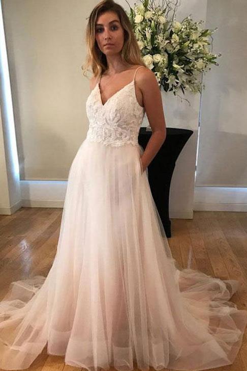 V-Neck Long Spaghetti Straps Prom Dresses,Simple Tulle A-Line Wedding Dresses PFW0088