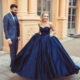 Simple Ball Gown Sweetheart Sleeveless Dark Blue Long Prom Dresses PFP0728