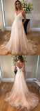 V-Neck Long Spaghetti Straps Prom Dresses,Simple Tulle A-Line Wedding Dresses PFW0088