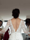 Elegant A-line Bateau Long Sleeve Lace Appliques Off White Wedding Dresses PFW0087