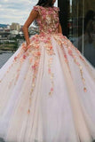 Jewel Tulle Long Cap Sleeves Ball Gown Prom Dress with Flower Appliques