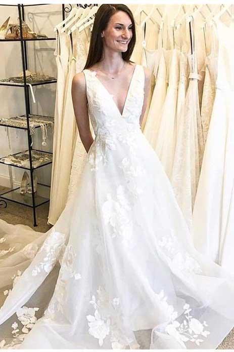 Cheap A-Line Deep V-Neck Backless Long Wedding Dress with Appliques PF Promfast Cheap A-Line Deep V-Neck Backless Long Wedding Dress with Appliques PF Promfast