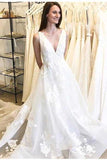 Cheap A-Line Deep V-Neck Backless Long Wedding Dress with Appliques PFW0089