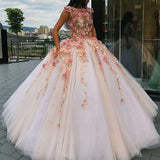 Jewel Tulle Long Cap Sleeves Ball Gown Prom Dress with Flower Appliques PFP0729