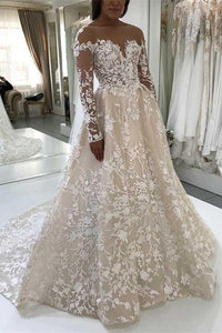 Elegant A-Line Illusion Beteau Long Sleeves Ivory Lace Wedding Dress PFW0090