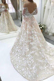 Elegant A-Line Illusion Beteau Long Sleeves Ivory Lace Wedding Dress PFW0090