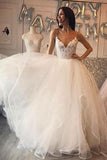 Ivory A-Line Spaghetti Straps Tulle Cheap Wedding Dress with Lace PFW0012