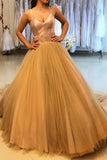 Pretty A-Line Spaghetti Straps Tulle Gold Long Prom Dresses