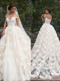 Romantic Jewel Cap Sleeves Ball Gown Wedding Dress with Lace Top PFW0092