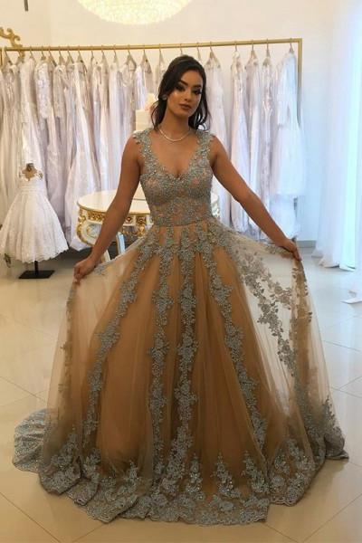 A-Line V-Neck Tulle Long Prom Dress with Lace Appliques