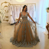 A-Line V-Neck Tulle Long Prom Dress with Lace Appliques PFP0733