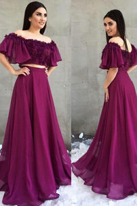 Two Piece A-Line Off the Shoulder Purple Chiffon Prom Dress with Appliques