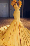 Charming Mermaid V-Neck Sleeveless Yellow Long Prom Dress with Ruffles 