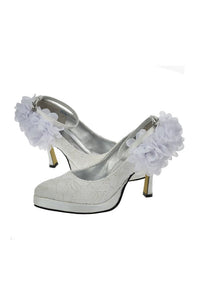 Charming Ivory Lace Ankle Strap Shoes With White Flowers PFWS0019
