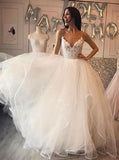 Ivory A-Line Spaghetti Straps Tulle Cheap Wedding Dress with Lace PFW0012