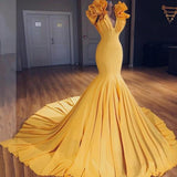 Charming Mermaid V-Neck Sleeveless Yellow Long Prom Dress with Ruffles PFP0736