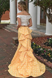 Charming 2 Pieces Off The Shoulder Yellow Long Mermaid Prom Dresses PFP0737