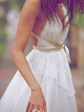Sexy Boho V-Neck Backless Floor Length Lace Wedding Dress with Sash PFW0097