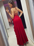 Mermaid Spaghetti Straps Red Satin Prom Dresses with Ruffles PFP0738