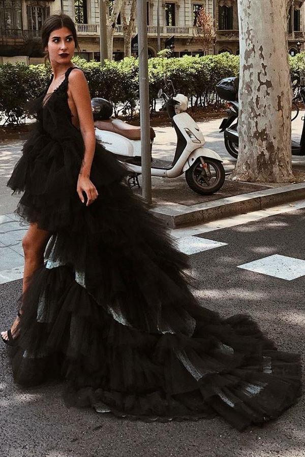 Beautiful A-Line V-Neck High Low Backless Black Tulle Prom Dresses PFP ...